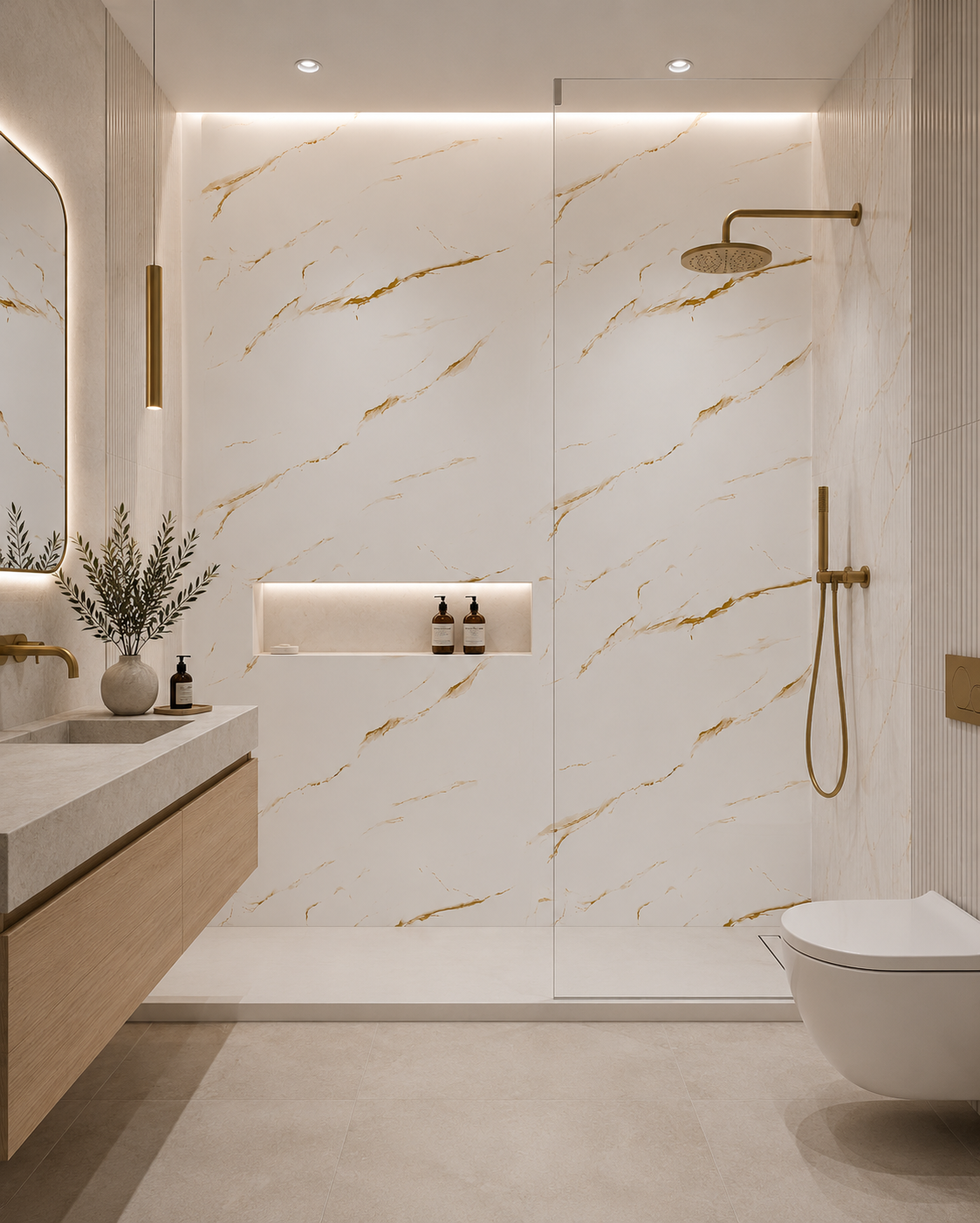 White & Soft Gold Marble PVC Wall Panel