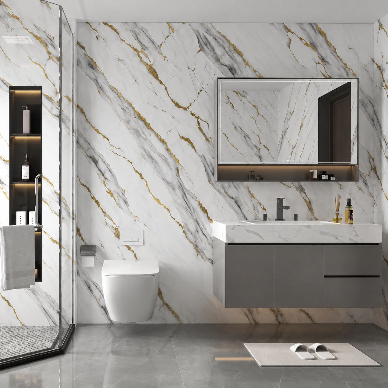 White & Gold Vein Marble PVC Wall Panel