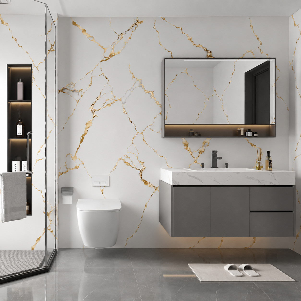 White & Bold Gold Marble PVC Wall Panel