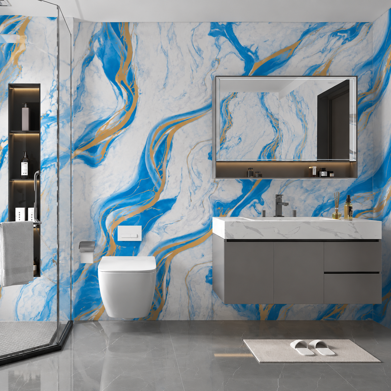 Azure Blue & Gold Marble PVC Wall Panel