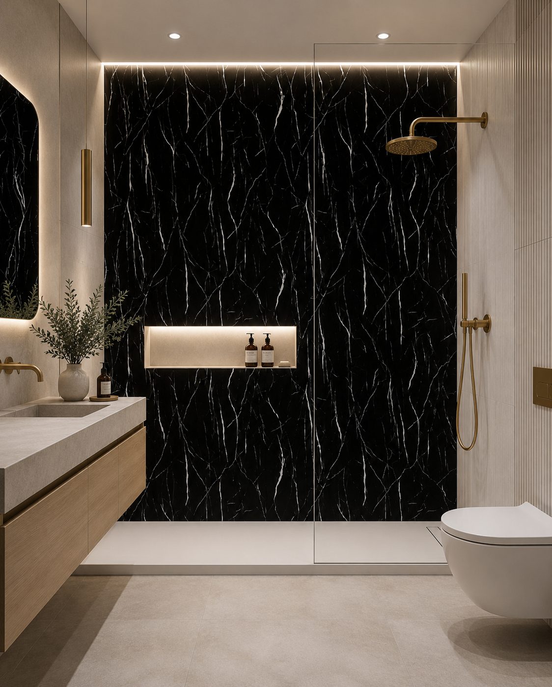 Nero Marquina · Wet-room design visualization