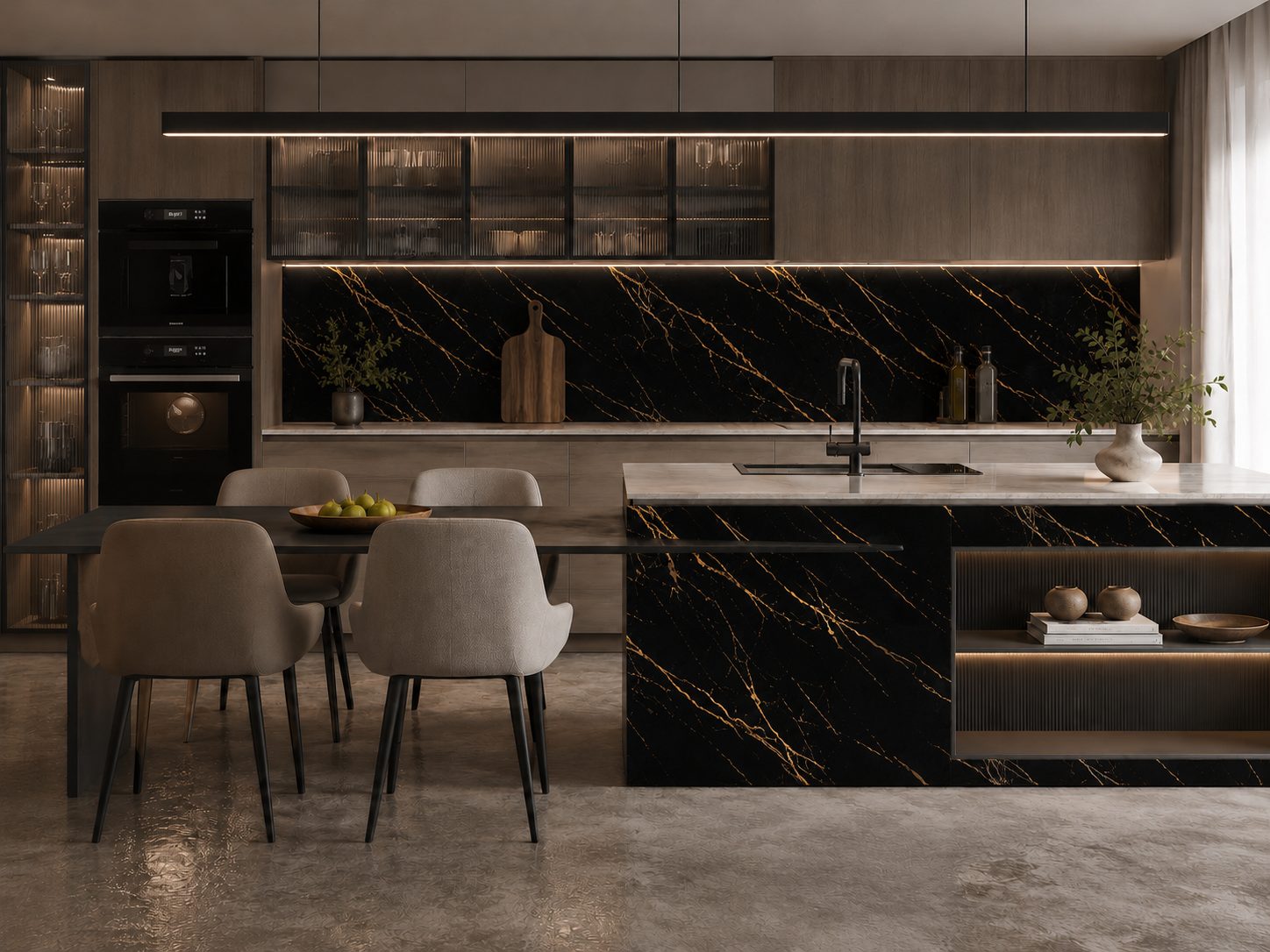Black and gold marble PVC panel kitchen installation